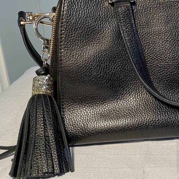 kate spade Pebbled Textured Black Leather Purse Suede Top Detachable Tassel - Picture 3 of 14
